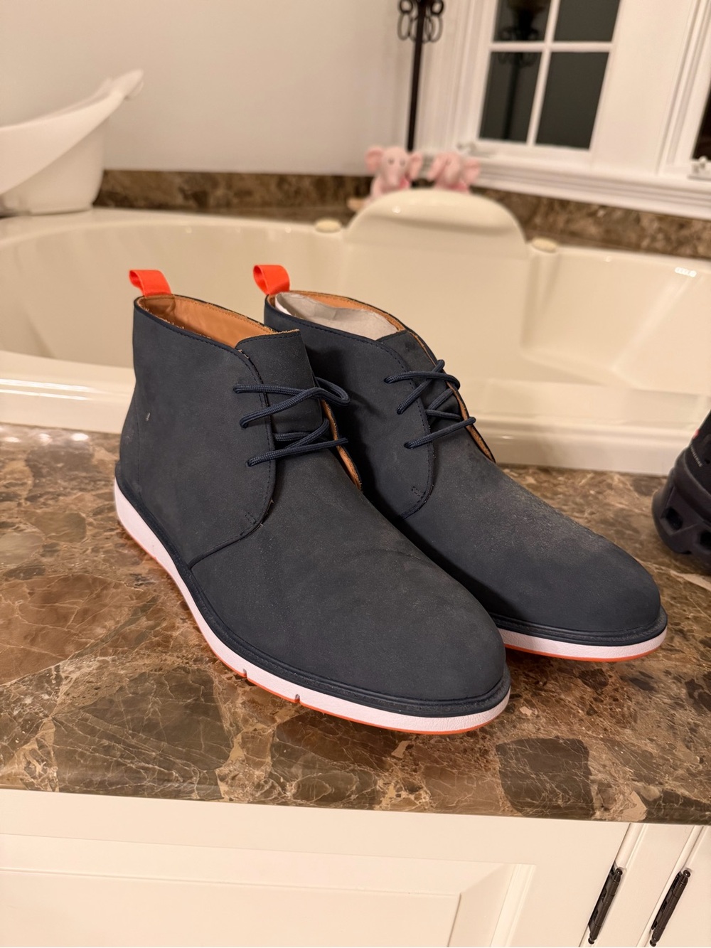 Swims Navy Suede Chukka Boots with Orange Pull Tabs